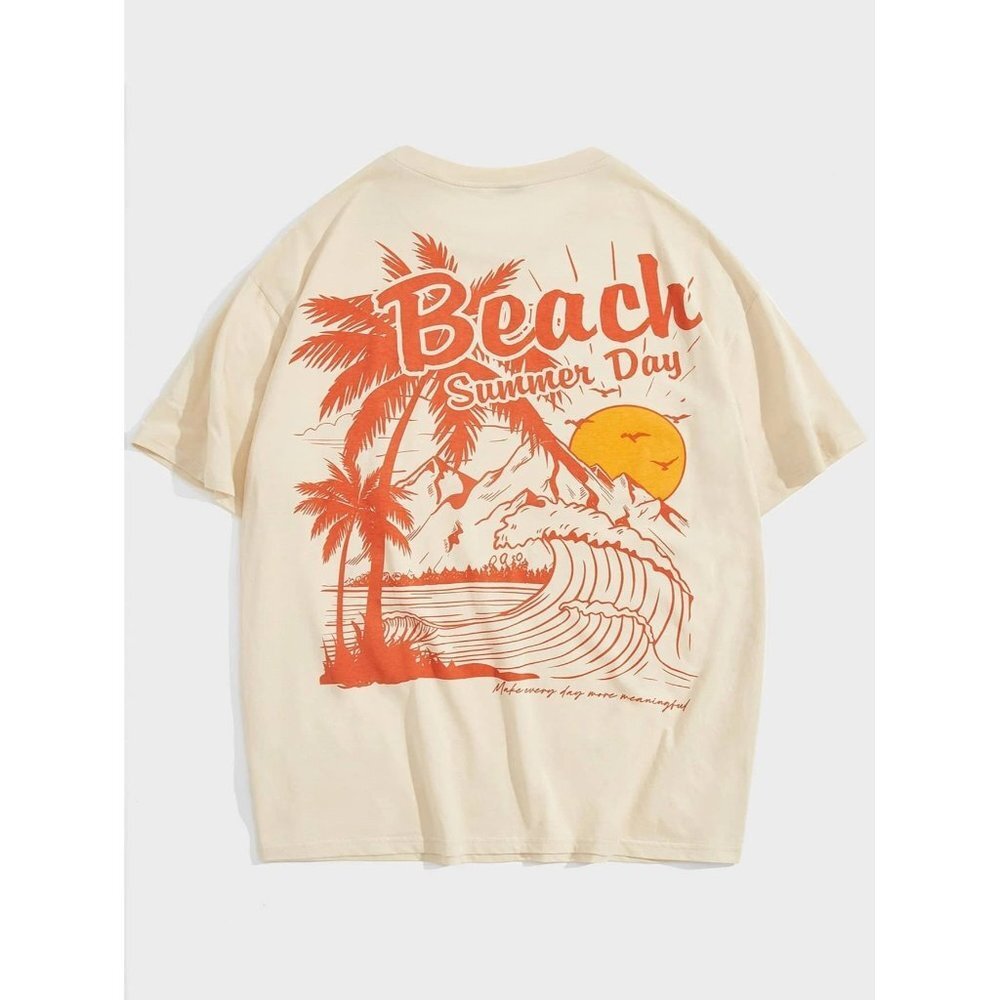 New SHEIN Men Letter & Beach Print Drop Shoulder Tee Size Small